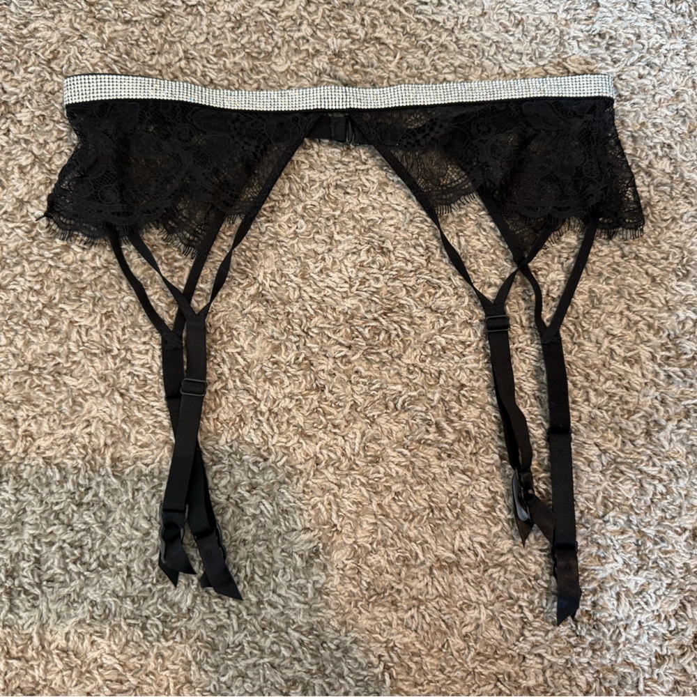 VS Black Lace Garter Belt with Rhinestone Trim